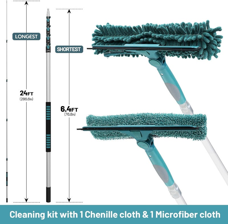 TelesPro 30 Feet High Reach Window Squeegee with 6-24 Ft Extension Pole, Window Cleaner Tool with 5-Stage Telescoping Pole, Window Cleaning Kit with Rotatable Head (2 Squeegee & 2 Microfibre Cloths) - Image 3